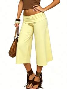 Fold Over Gaucho Pants Culottes For Women Low Rise Capris Foldover Flowy Going Out Flare Bottoms Wide Leg Capri Pants - Yellow - View 5