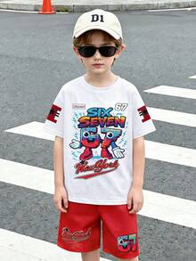 2pcs Toddler Boys' Spring/Summer Short Sleeve T-Shirt & Shorts Set, White Tee With Gradient Letter & Robot Digit Print, Red Shorts With Matching Elements, Dirt-Resistant & Skin-Friendly, Suitable For School, Casual Outings, Family Trips, Boys' Outfit - Red - View 7