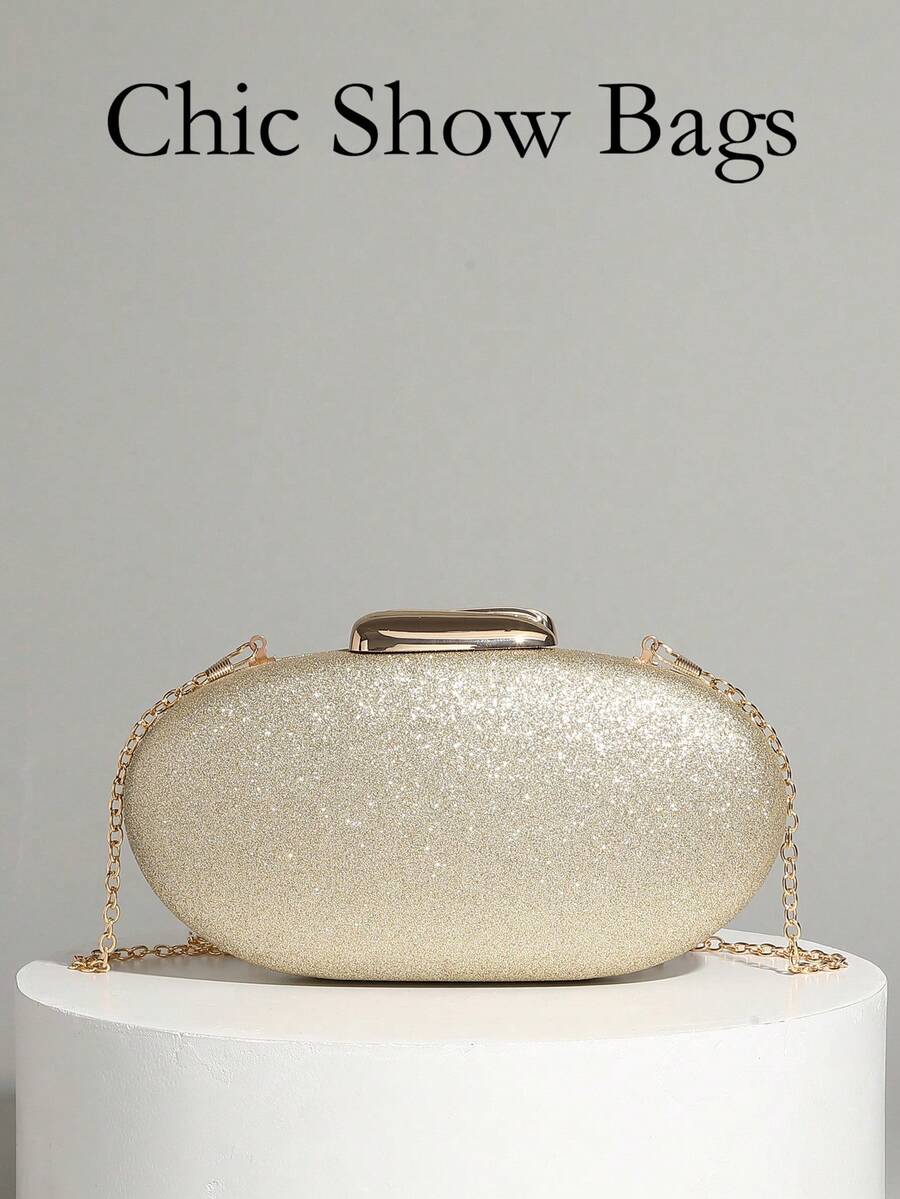 French Style Glitter Oval Clutch Bag, Niche Design Luxury Evening Box Purse For Women, Chic Party Handbag - Gold - View 1