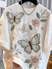 Plus Size Round Neck Short Sleeve T-Shirt, Decorated With Embroidered Butterflies And Floral Pearls - White - View 3