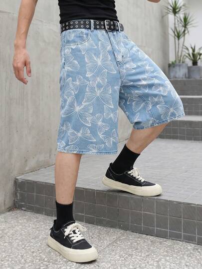 ONE.DINY Men's Retro Butterfly Jacquard Wide Leg Jeans Shorts Casual Loose Fit Short,Baggy With Pockets No Elasticity
