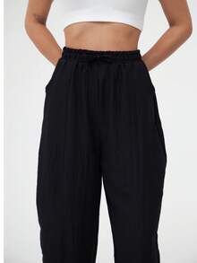 Women High Waist Drawstring Harem Pants Loose Fit Lightweight Summer Casual Trousers - Black - View 9