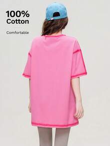 JUTU Spring/Summer Loose Round Neck Letter & Cartoon Cat Print Women's Knitted Loose Pink Striped 100% Cotton Casual Graphic Tee, Streetwear - 469 Pink-yH862 - View 4