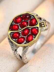 Vintage Style Women's Ring, Inlaid With Garnet-Like Gemstones And Red Zirconia, Unique Design, Retro Style Ring - Silver - View 6
