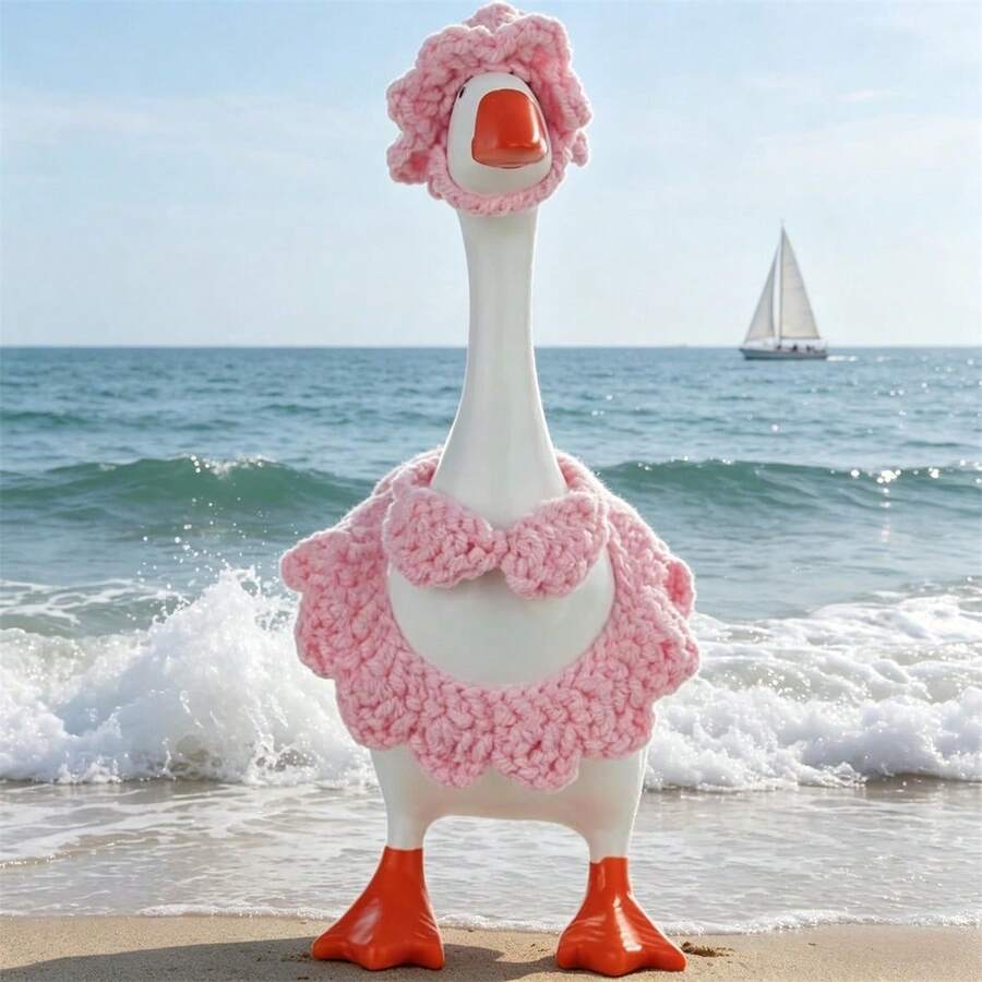 Desktop Goose Summer Outfit Creative Mini Goose Statue Crochet Bikini With Hat For Home Office Decor - Pink - View 1
