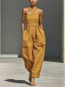 2026 New Style Linen Blend Cross Strap Loose Fit Women Jumpsuit Casual Summer Beach Playsuit High Waist Wide Leg Romper For Vacation Daily Wear - 向日葵的顏色 - 查看 10