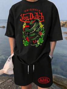 (2pc)  Pure Cotton Set. 2pcs Men Creative Short Sleeve Print T-Shirt & Shorts Set Dragon And Floral Pattern With Vons Dutch Text Streetwear Soft Fabric Breathable Print T-Shirt & Shorts Set. 100% Pure Cotton Short Sleeve. T-Shirt Set - màu đen - Xem 7