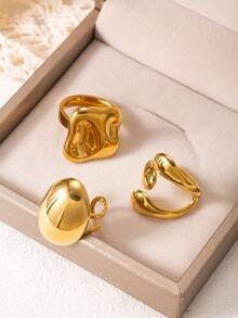 3pcs Minimalist Artistic Stainless Steel Gold Rings Set For Women With Asymmetrical Mirror, Water Drop, Geometric Designs, Suitable For Daily Wear, Festivals, Dates, Engagement, Wedding, Gift For Friends, Best Friends, Girlfriend - Gold - View 3
