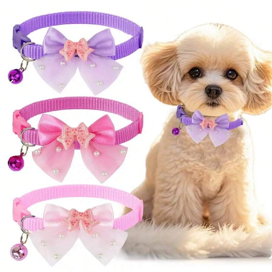1 chiếc hoặc 3 chiếc/bộ vòng cổ có chuông hình nơ dễ thương, sáng bóng cho mèo/chó, thích hợp sử dụng hàng ngày. - Nhiều màu - Xem 1
