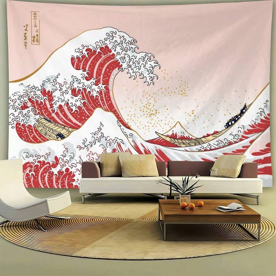 1件 神奈川冲浪里印花挂毯 柔软布料 墙面挂毯 适用于家居卧室客厅宿舍装饰 日式浮世绘风格艺术挂毯 - 彩色 - 查看 1