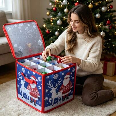 Hộp đựng đồ trang trí Giáng sinh 4 tầng có vách ngăn và tay cầm, chứa được tối đa 64 đồ trang trí đường kính lên đến 3 inch, hộp đựng phụ kiện trang trí ngày lễ, hộp đựng đồ trang trí Giáng sinh, hộp đựng đồ trang trí, hộp đựng đồ trang trí bằng nhựa, hộp đựng đồ Giáng sinh.