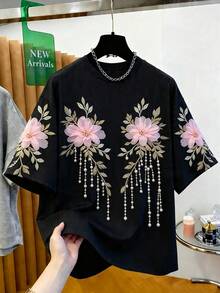DVSLOE 女款 Y2K 3D 花卉珍珠流蘇刺繡短袖 T 恤，圓領寬鬆休閒 T 恤，適合日常街頭與度假穿著 - 黑色 - 查看 2