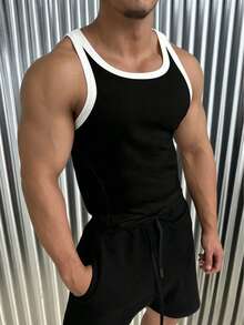 Áo tank top nam thời trang thường ngày, ôm sát, co giãn, phối màu tương phản - màu đen - Xem 4