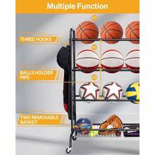 Basketball Rack, Rolling Basketball Shooting Training Stand, Sports Equipment Storage With Wheels, Four-Layer Organizer Holder With Two Basket Basketballs Footballs Volleyball - Black - View 2
