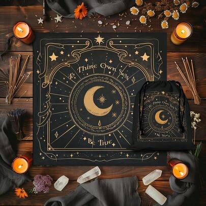 1PC Celestial Tarot Altar Cloth And The Accompanying Pouches With Sun & Moon- Witchy Wiccan Ritual Cloth Suitable For Tarot Readings, Moon Phase Ceremonies, Meditation Spaces - Table Cover For Witchcraft Practices Elegant Sun And Moon Mandala Altar Cloth With Mystical Celestial Design Vintage Floral Table Cloth Witchcraft Astrology To Think Own Self Oracle Mat Tarot Tablecloth Boho Playmat Cloth Home Decor Room Decor