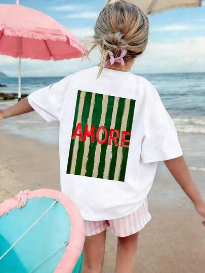 1pc Tween Girls' Summer Letter & Striped Print Short Sleeve T-Shirt, Children's Korean Retro Loose Round Neck Top, Matching Family Style Summer Casual Kids Wear
