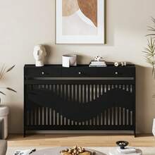 Jooli H Radiator Cover With Drawers, Black Wooden Radiator Shelf Pipe Covers Cabinet With Wavy Grill For Living Room Bedroom Hallway - 黑色 - 查看 10