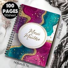 1pc "Merci Maitèse" Spiral Notebook, Featuring Elegant French Style, Vibrant Fluid Art Cover With Shimmering Gold Foil, 100 Pages High Capacity For Work, Study, Daily Planning, Ideal Gift For Graduation, Birthday And More - A - View 2