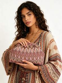 Sac à main rétro imprimé pour femmes OUYUAN, sac à main plissé bohème, sac à fermeture à pression raffiné et pratique de haute qualité, sac de plage et de vacances d'été. Convient pour un usage quotidien décontracté, les fêtes de vacances, les voyages, les banquets. C'est un cadeau exquis pour la famille, les amis et les partenaires. - Multicolore - Voir 3