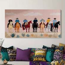 Enmarcado  decorativo de vaquero del oeste,   - Decoración moderna de rancho del suroeste con 6 caballos, cactus y sombreros de vaquero, fácil instalación con gancho/adhesivo/de pie, póster de varios tamaños para oficina, temática del oeste, 2D plano, perfecto para la decoración de habitaciones. - Enmarcado - Ver 1