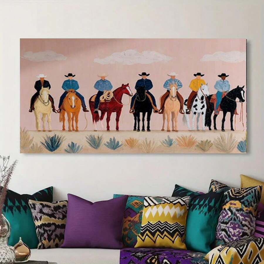 Enmarcado decorativo de vaquero del oeste, - Decoración moderna de rancho del suroeste con 6 caballos, cactus y sombreros de vaquero, fácil instalación con gancho/adhesivo/de pie, póster de varios tamaños para oficina, temática del oeste, 2D plano, perfecto para la decoración de habitaciones. - Enmarcado - Ver 1