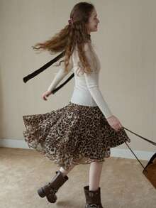 Rok A-Line Longgar Motif Leopard Terbaru, Rok Kasual dengan Hem Bergelombang untuk Wanita, Musim Semi & Gugur - Khaki - View 8