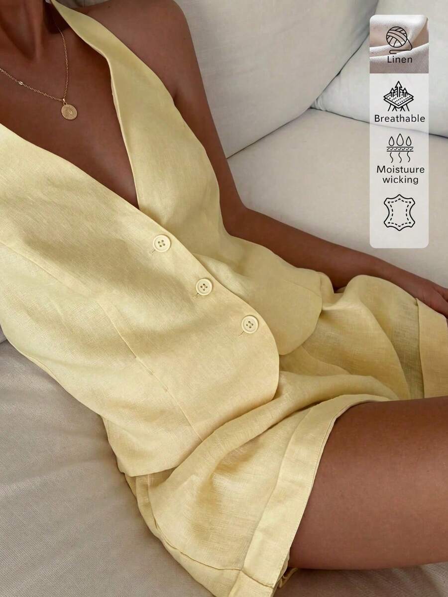 Bộ đồ 2 mảnh bằng vải lanh thanh lịch, thích hợp cho kỳ nghỉ hè, đi biển, trang phục mùa hè cho nữ, bộ đồ nữ sang trọng. - Màu vàng - Xem 1