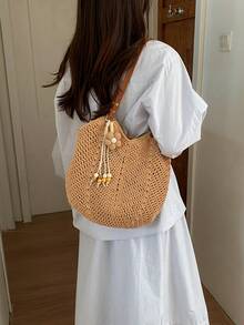 Sac en crochet ajouré ivoire/kaki, sangle en PU + décoration de perles en bois floral, sac à bandoulière décontracté pour les vacances à la plage & les trajets, sac sous le bras en maille fait main, sac fourre-tout de style bohème, sac de shopping d'été pour la plage - Multicolore - Voir 11