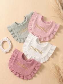 4pcs Girls' Summer Candy Color Pure Cotton Embroidered Bibs, Soft & Skin-Friendly Ruched Baby Drool Cloths, Mother's Day Gift, Suitable For Daily Use - Multicolor - View 6