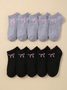 5/10 Pairs Random Color Bowknot Children's Socks, Outdoor Sports Socks, Back To School Student Socks, White And Gray Color Combination Summer Essential - Multicolor - View 9