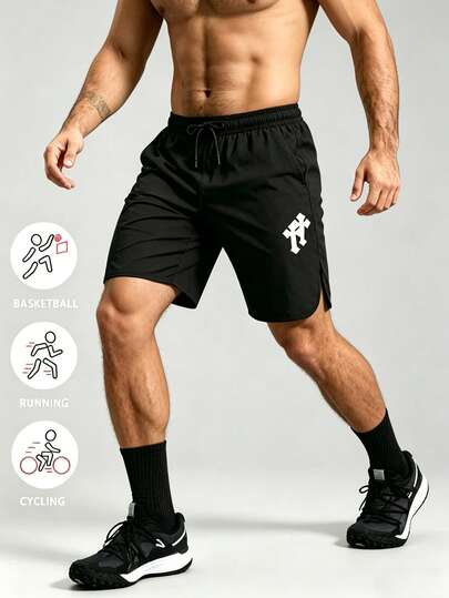 Men's Straight Leg Sports Shorts, Elastic Waist With Drawstring, Nylon Fabric 5-Inch Inseam, With Fashion Print, Suitable For Running, Workout, Fitness In Summer
