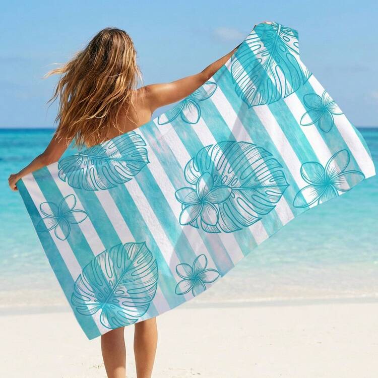 1pc Tropical Leaf & Hibiscus Print Beach Towel, Suitable For Travel, Outdoor Camping, Beach, Swimming, Beach Vacation - A - View 2