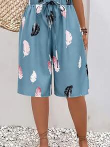 Women's Summer Floral Print Drawstring Waist Midi/Shorts Vacation - Dusty Blue - View 1