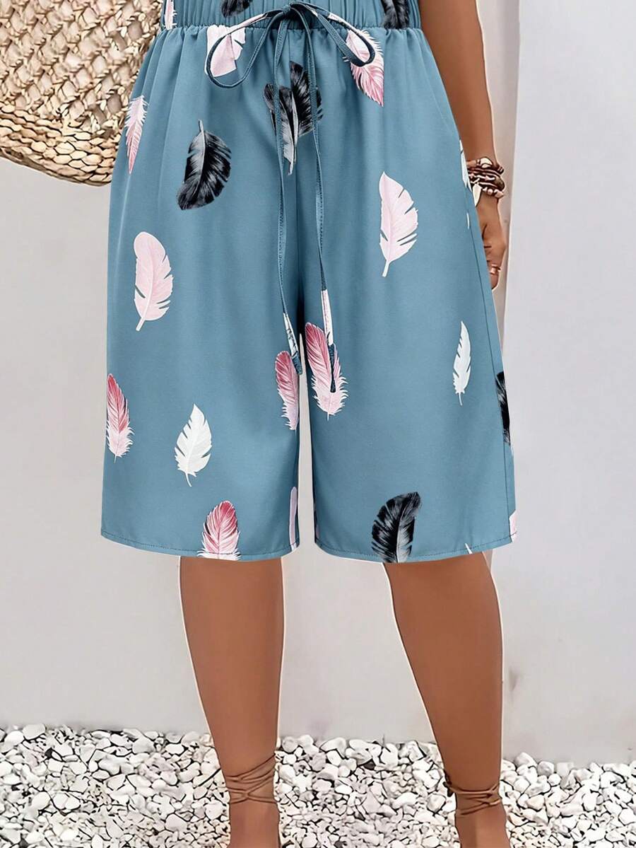 Women's Summer Floral Print Drawstring Waist Midi/Shorts Vacation - Dusty Blue - View 1