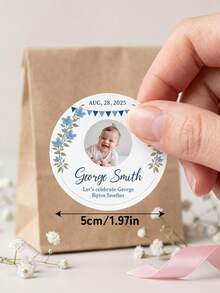 12/24/48pcs Personalized Photo Stickers, Customizable With Names, Birthday Party Decorations, Blue Floral Patterns, Circular Labels, Back To School - Multicolor - View 6