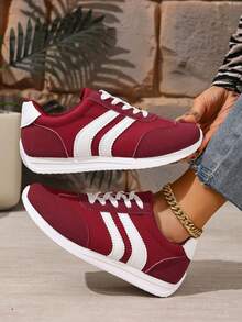 1 双女式轻便休闲运动鞋，平底系带舒适步行鞋 - 紅色 - 查看 4