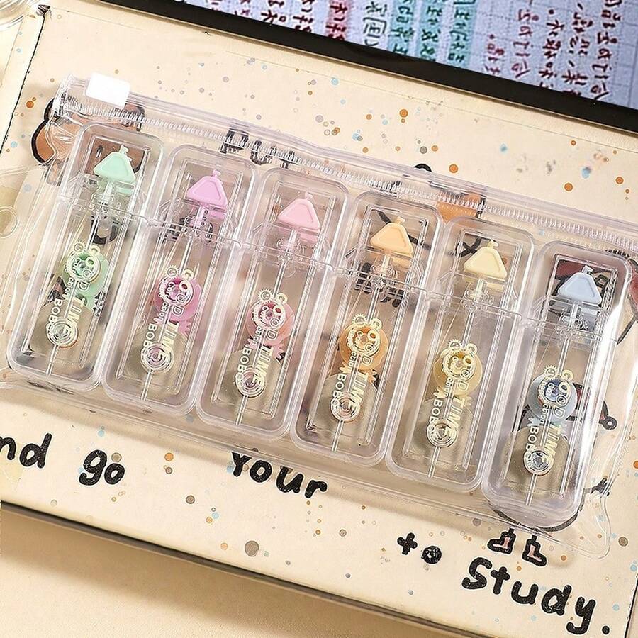 6 PIEZAS Cinta correctora de papel de base de color mini - Estilo transparente y simple, utilizada para cubrir errores de escritura con una cobertura fuerte y no se rompe fácilmente. Adecuada para el aprendizaje diario, la corrección y la corrección - Multicolor - Ver 1