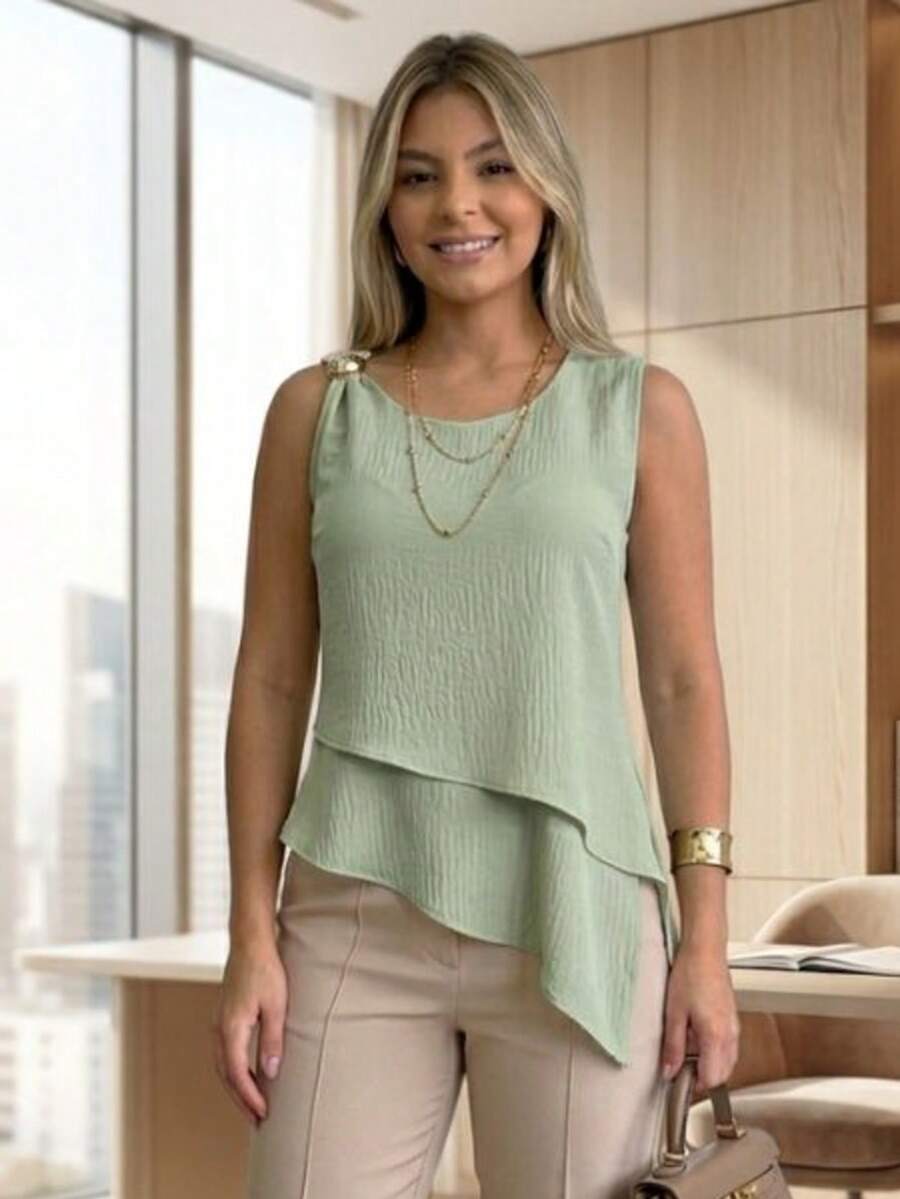 Women's Asymmetrical Blouse In Duna Fabric With Gold Buckle Detail And Side Slit - Light Green - View 1