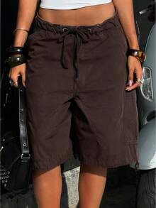 Women Fashion Denim Shorts Solid Color Six Pockets Drawstring Elastic Waist Jeans Shorts Summer Oversized Cargo Shorts - Sôcôla - Xem 1