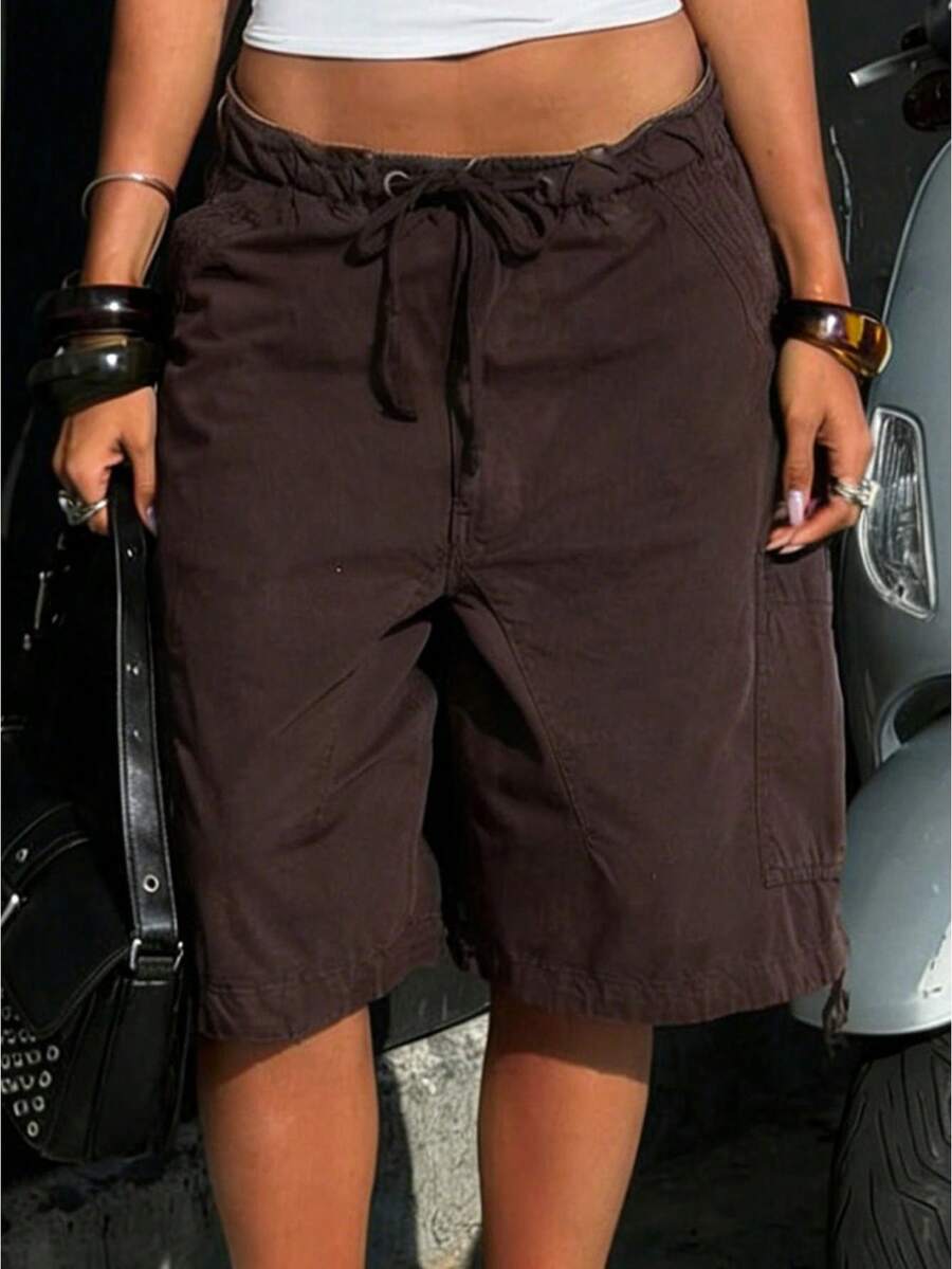 Women Fashion Denim Shorts Solid Color Six Pockets Drawstring Elastic Waist Jeans Shorts Summer Oversized Cargo Shorts - Sôcôla - Xem 1