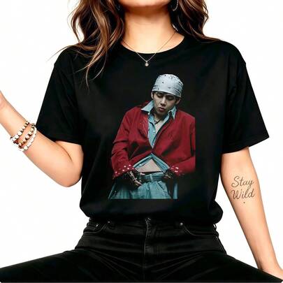 Btss V Kim Taehyung Bandana Headband Red Jacket Aesthetic Graphic Print T-Shirt, 2026 Comeback Style Concert Fan Merchandise, 100% Cotton Loose Fit Casual Short Sleeve Crew Neck T-Shirt In Black, Korean Pop Music Fa