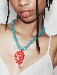 1pc New Beach Vacation Style Blue-Green Beaded Red Lobster Pendant Necklace, Suitable For Women To Wear On Vacation - Red - View 1