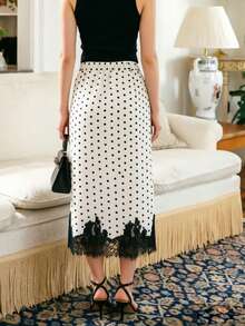 女士夏季中长裙，休闲优雅波点蕾丝拼接经典长款，适合海滩、夜店和街头穿着，春季必备 - 白色 - 查看 4