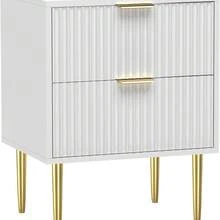 2 Drawers – Modern White Bedside Table, Vertical Grain Storage Cabinet – Gold Metal Legs - 白色 - 查看 1