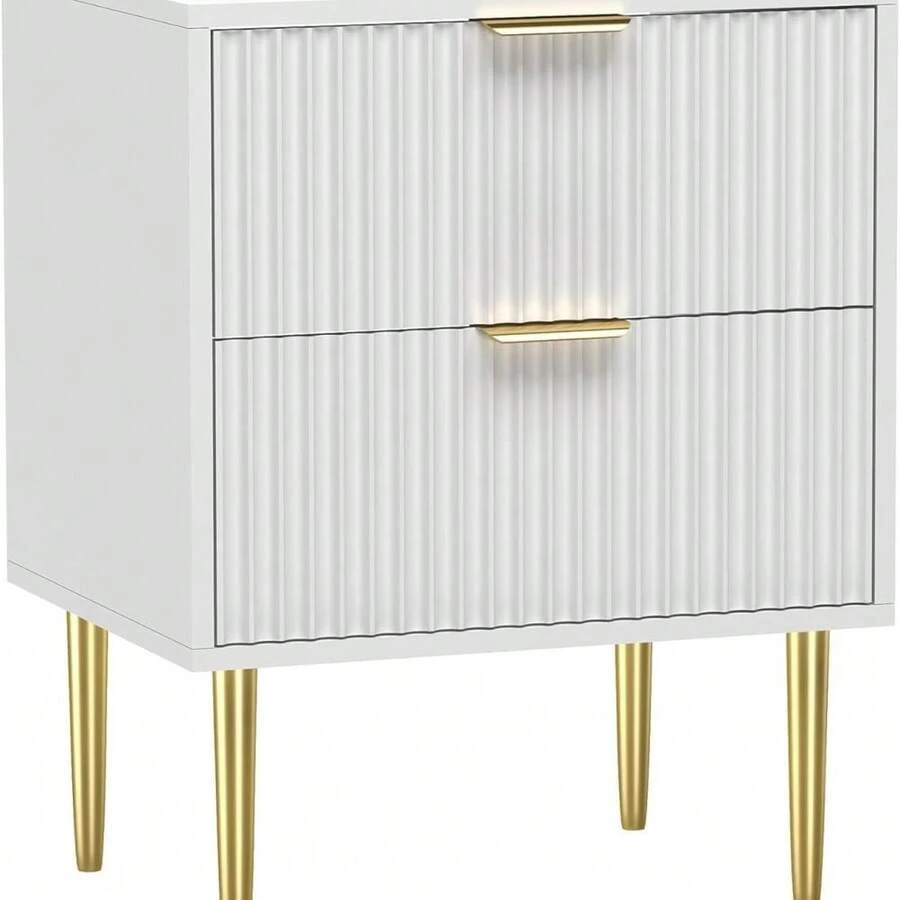 2 Drawers – Modern White Bedside Table, Vertical Grain Storage Cabinet – Gold Metal Legs - 白色 - 查看 1
