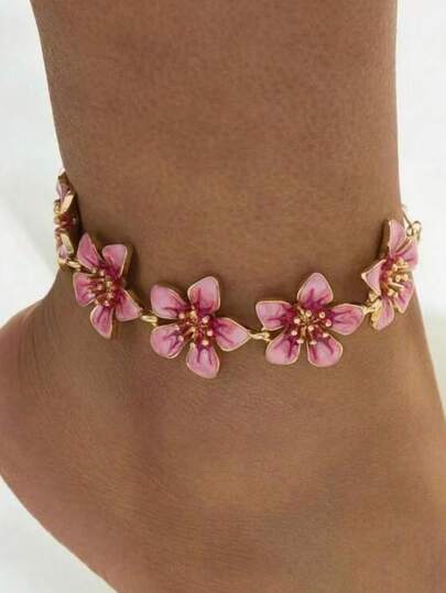 1pc Handmade Tie Dye Tie-Dye Pink 5-Petal Flower Anklet, Fashionable, Suitable For Vacation, Travel, Date, Daily Wear, Elegant Accessory