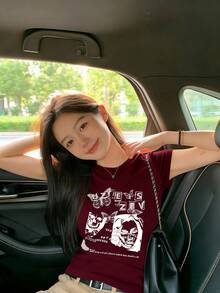 酒红色修身圆领短袖T恤，女士夏季美式性感独特百搭复古休闲上衣 - 酒紅色-1 - 查看 2