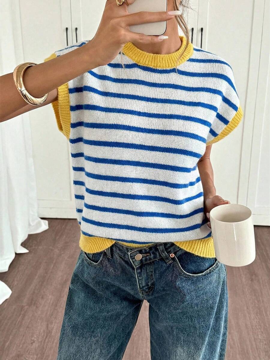 Suéter de punto de parchwork a rayas azul y amarillo mediterráneo, adecuado para vacaciones de primavera/verano, versátil, estilo retro Y2K, estilo de abuela de playa, bohemio, suave y cómodo punto, esencial de verano, ropa de vacaciones de playa, de oficina a fin de semana, minimalismo ligero, imprescindible de temporada cálida, punto de primavera/verano 2026 - Multicolor - Ver 1