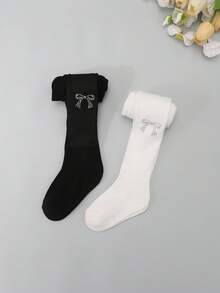 2pcs Girls' Butterfly Rhinestone Solid Vertical Striped Tights, Sweet & Cute, Suitable For Girls' Daily Wear - Black and White - View 6