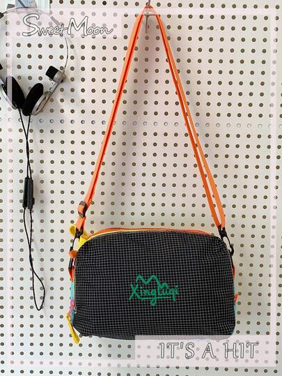 1pc Black Nylon Casual Sports Plaid & Letter Pattern Adjustable Strap Zipper Closure Lightweight Crossbody Bag, Suitable For Spring/Summer, Matching For School, Travel, Shopping, Dating, Gift For Female, Teenager, College Student, Office Worker, University, Business, Commuting, Outdoor, Travel, Bookbag, Portable, Large Capacity